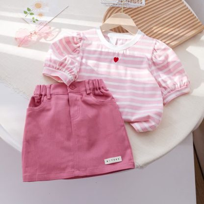 Toddler Baby Girl Pink Heart Striped Puff Sleeve Top and Skirt 2-piece Set - Pink - 6-7T - image 1
