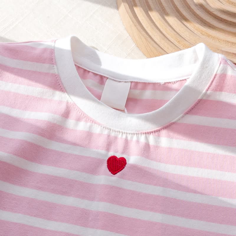 Toddler Baby Girl Pink Heart Striped Puff Sleeve Top and Skirt 2-piece Set - image 4