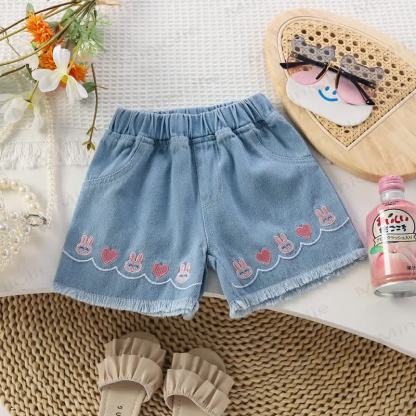 Toddler Girl Lace Flower Denim Shorts - Bunny - 8-9T - image 1