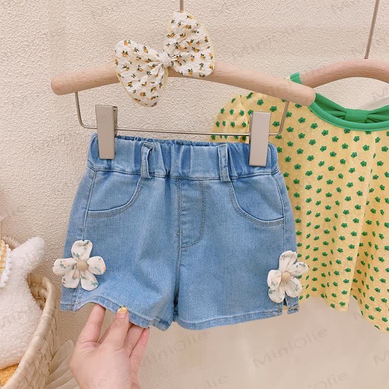 Toddler Girl Lace Flower Denim Shorts - Pink Flower - 8-9T - image 2