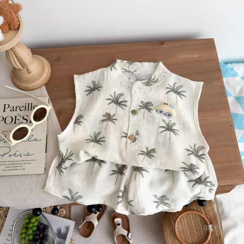 Toddler Girl Beige Tropical Palm Sleeveless Top and Shorts 2-piece Set - Beige - 10-11T - image 1