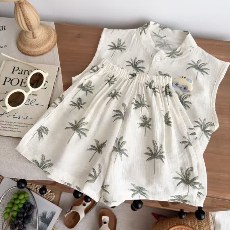 Toddler Girl Beige Tropical Palm Sleeveless Top and Shorts 2-piece Set - image 6