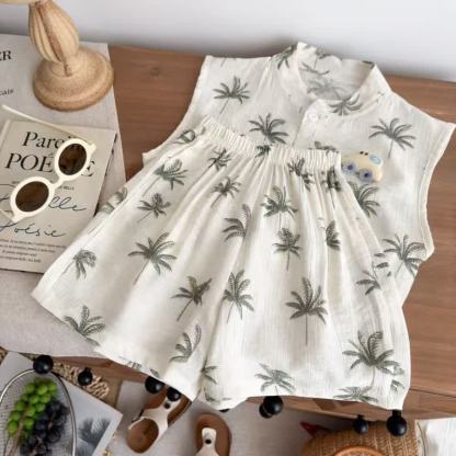 Toddler Girl Beige Tropical Palm Sleeveless Top and Shorts 2-piece Set - image 6