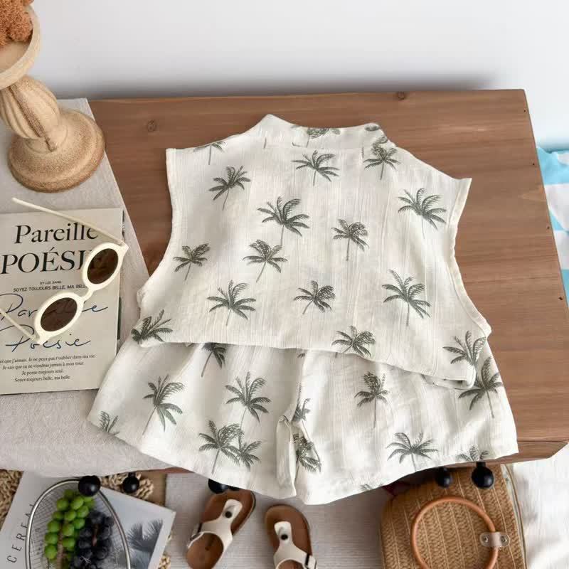 Toddler Girl Beige Tropical Palm Sleeveless Top and Shorts 2-piece Set - image 2