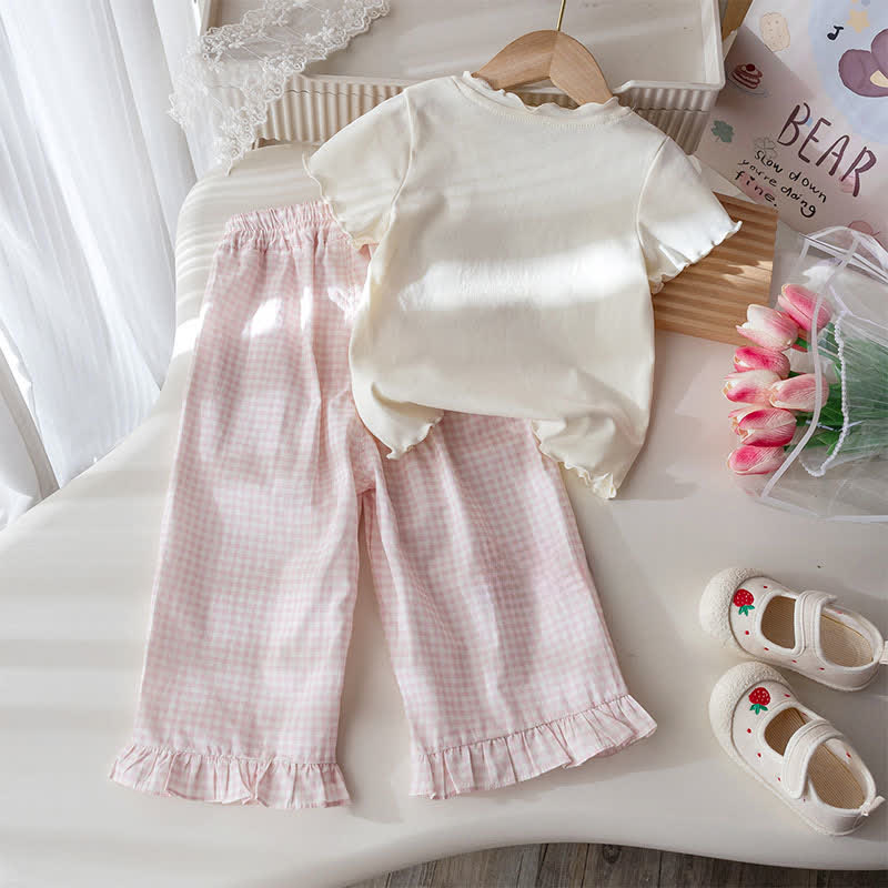 Toddler Girl White&Pink Bow Tee and Gingham Pants 2-piece Set - image 2