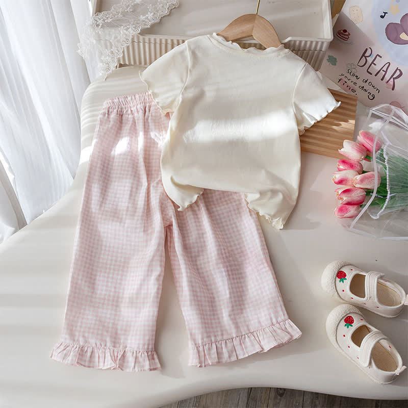 Toddler Girl White&Pink Bow Tee and Gingham Pants 2-piece Set - image 2