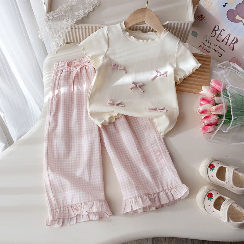 Toddler Girl White&Pink Bow Tee and Gingham Pants 2-piece Set - White&Pink - 8-9T - image 1