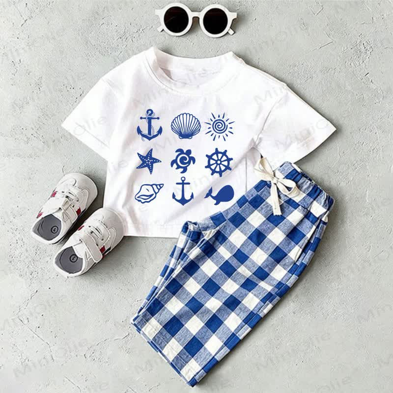 Baby Nautical White T-shirt and Blue Plaid Pants 2-Piece Set - White&Blue - 2-3T - image 1