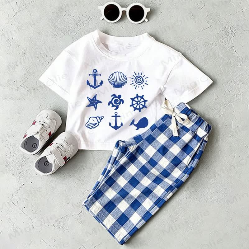 Baby Nautical White T-shirt and Blue Plaid Pants 2-Piece Set - White&Blue - 2-3T - image 1