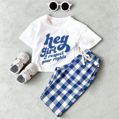 HEY GIRL I RESPECT YOUR RIGHTS Baby White Slogan T-shirt and Blue Plaid Pants 2-Piece Set - White&Blue - 2-3T - image 1