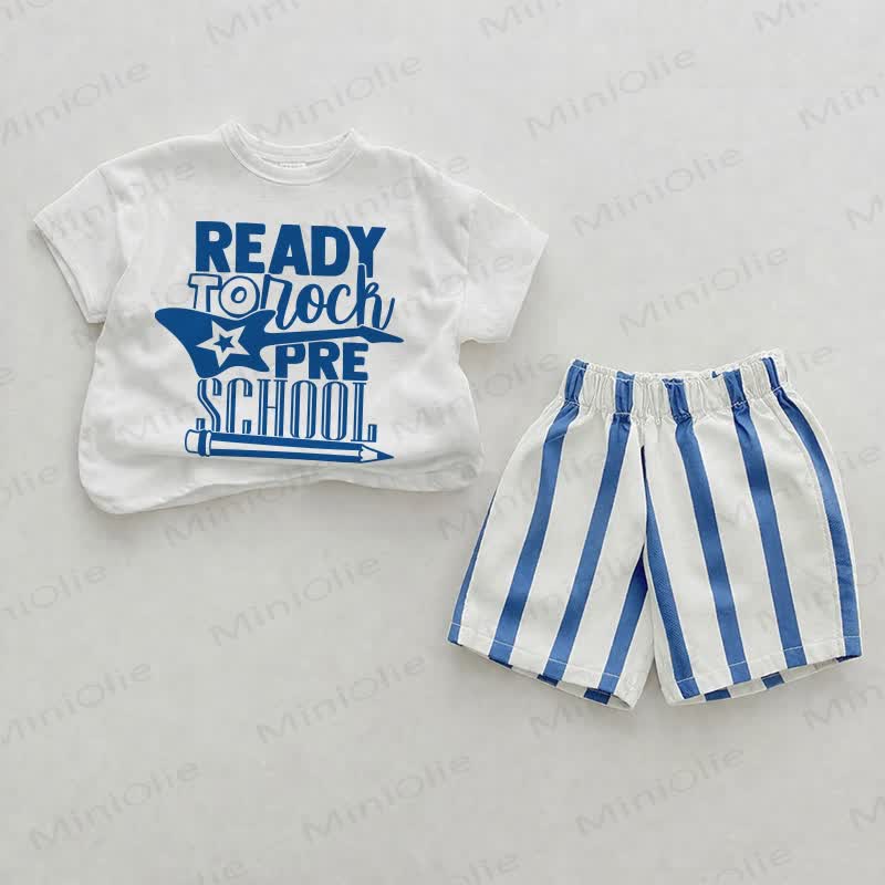 READY TO ROCK PRE SCHOOL Baby White&Blue Tee and Striped Shorts 2-piece Set - White&Blue - 2-3T - image 1