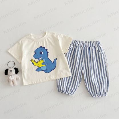 Baby Toddler Reading Dinosaur Beige&Blue Vertical Striped 2-piece Set - Beige&Blue - 3-4T - image 1