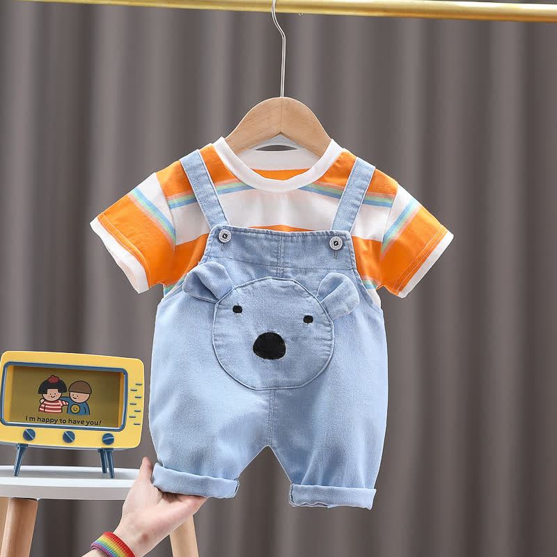 Baby Toddler Bear Striped Tee and Overalls 2-piece Set - Orange - 3-4T - image 3