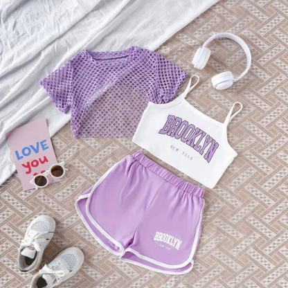 BROOKLYN NEW YORK Toddler Girl Top and Shorts 3-piece Set - Purple - 9-10Y - image 5