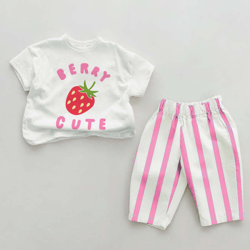 BERRY CUTE Baby Girls Pink Vertical Striped 2-piece Set - White&Pink - 2-3T - image 1