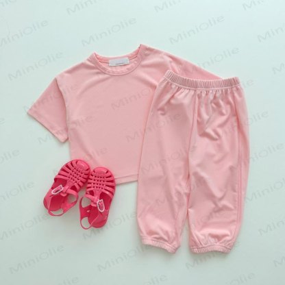 Toddler Baby Solid Color Tee and Pants 2-piece Pyjama Set - Pink - 6-7T - image 2