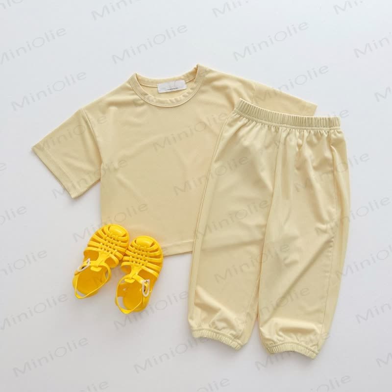 Toddler Baby Solid Color Tee and Pants 2-piece Pyjama Set - Beige - 6-7T - image 5