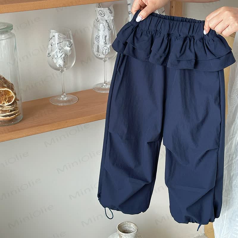 Toddler Girl Solid Color Ruffle Waist Drawstring Cuff Pants - Navy - 10-11T - image 2