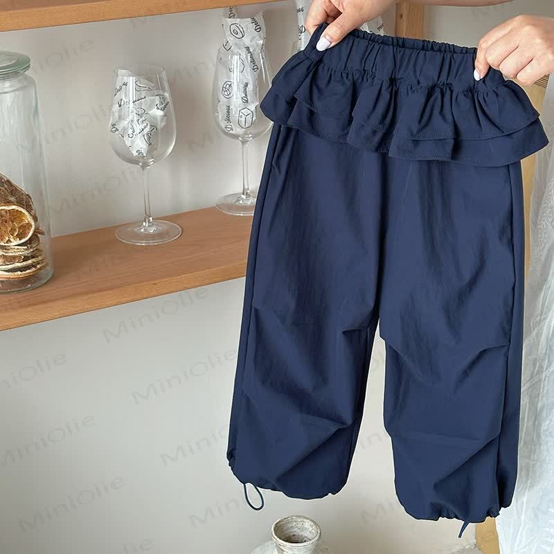 Toddler Girl Solid Color Ruffle Waist Drawstring Cuff Pants - Navy - 10-11T - image 2
