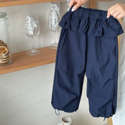 Toddler Girl Solid Color Ruffle Waist Drawstring Cuff Pants - Navy - 10-11T - image 2