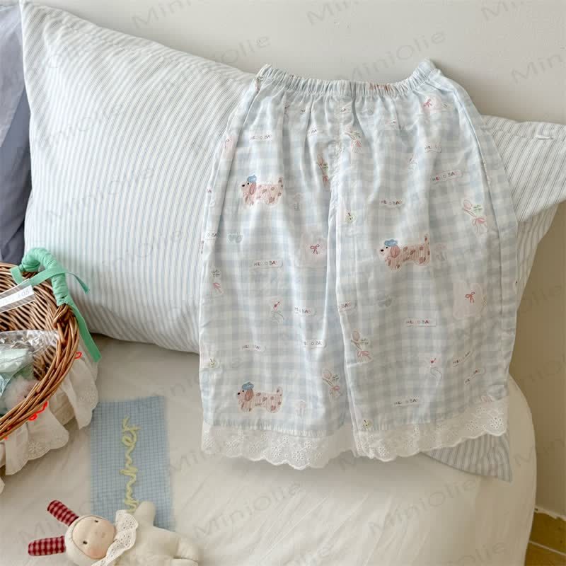 Toddler Girls Gingham/Solid Color Lace Trim Pants - Blue - 8-9T - image 1