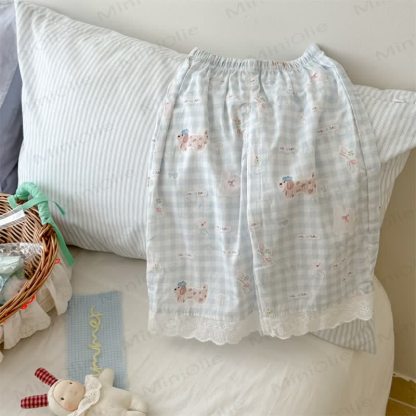 Toddler Girls Gingham/Solid Color Lace Trim Pants - Blue - 8-9T - image 1