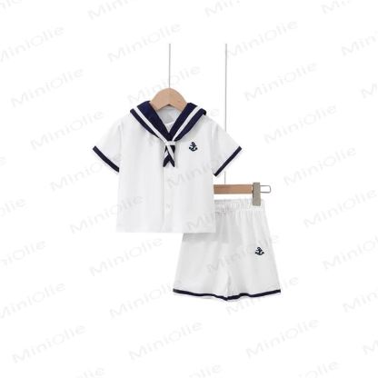 Toddler Baby Classic Nautical Sailor Collar Top and Shorts 2-piece Set - Beige - 5T - image 2