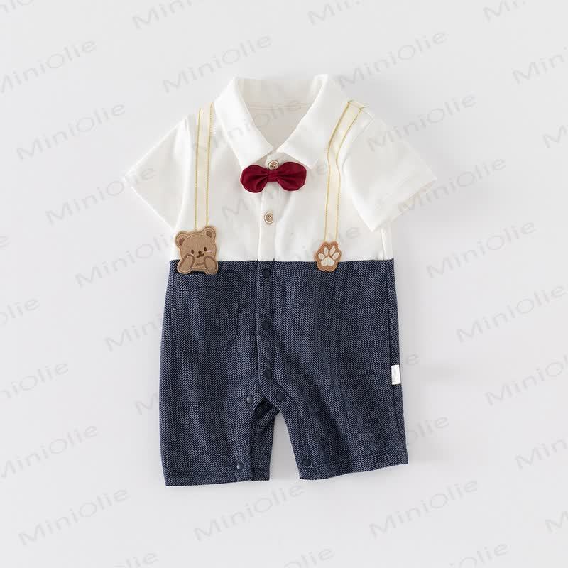 Baby Boy Bow Tie Animal Mock Suspender Summer Romper - image 1