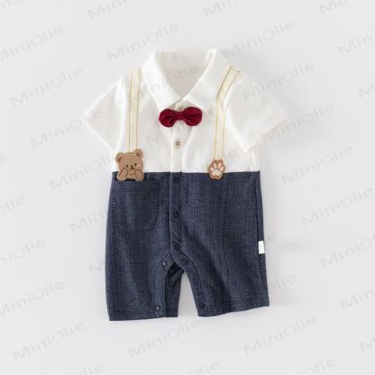 Baby Boy Bow Tie Animal Mock Suspender Summer Romper - image 1