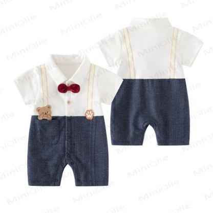 Baby Boy Bow Tie Animal Mock Suspender Summer Romper - Navy - 18-24M - image 2