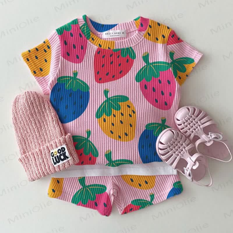 Baby Pink Strawberry Print Waffle Tee and Shorts 2-piece Set - Pink - 2-3T - image 1
