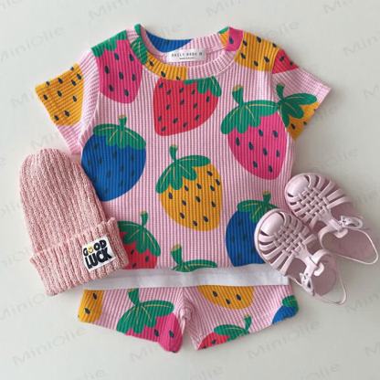 Baby Pink Strawberry Print Waffle Tee and Shorts 2-piece Set - Pink - 2-3T - image 1
