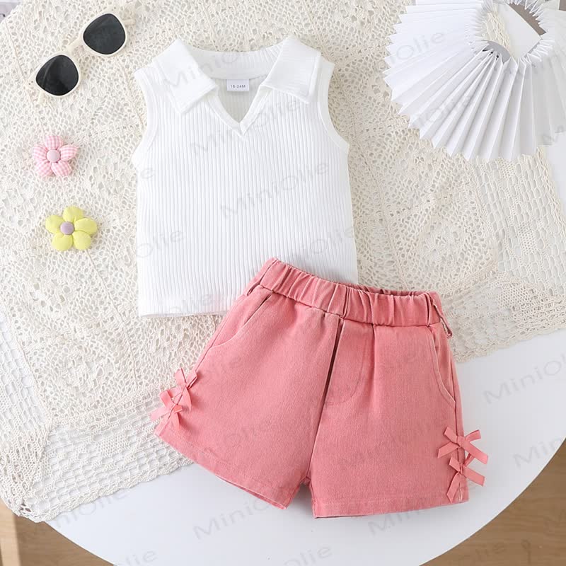 Baby Toddler Girls Ribbed Sleeveless Top and Shorts 2-piece Set - White&Pink - 2-3Y - image 2