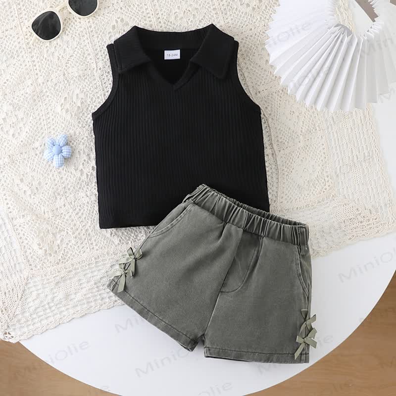 Baby Toddler Girls Ribbed Sleeveless Top and Shorts 2-piece Set - Black&Green - 2-3Y - image 4