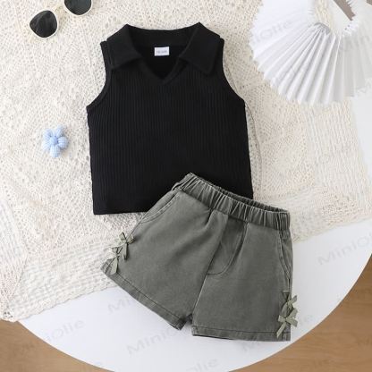 Baby Toddler Girls Ribbed Sleeveless Top and Shorts 2-piece Set - Black&Green - 2-3Y - image 4
