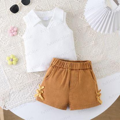 Baby Toddler Girls Ribbed Sleeveless Top and Shorts 2-piece Set - White&Brown - 2-3Y - image 3