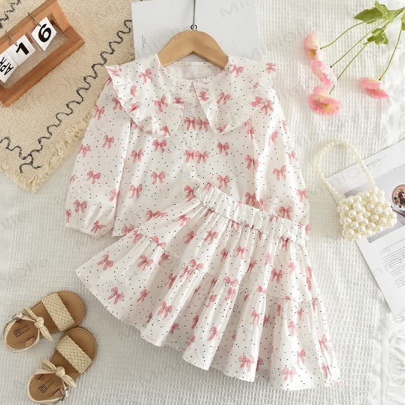 Toddler Girl White&Pink Bow Top and Skirt 2-piece Set - White&Pink - 6Y - image 1