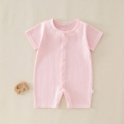 Baby Solid Color Short Sleeve Snap Front Pyjama Romper - Pink - 12-18M - image 3