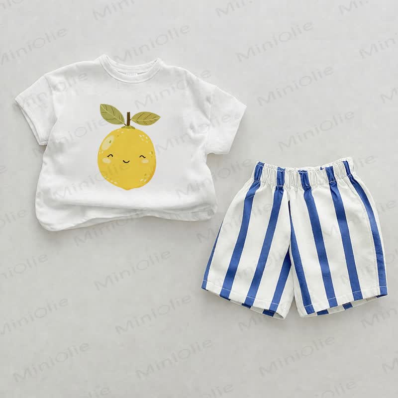 Baby Lemon Print White&Blue Vertical Striped 2-piece Shorts Set - White&Blue - 2-3T - image 1