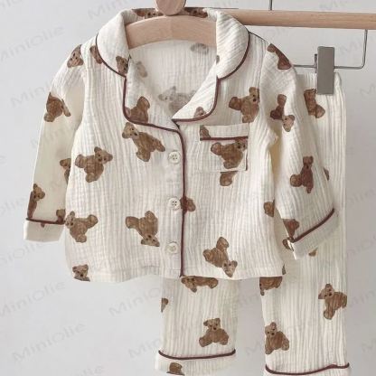 Toddler Animal/Solid Color Long Sleeve Top and Pants Pajama Set - Beige Bear - 10-11T - image 1