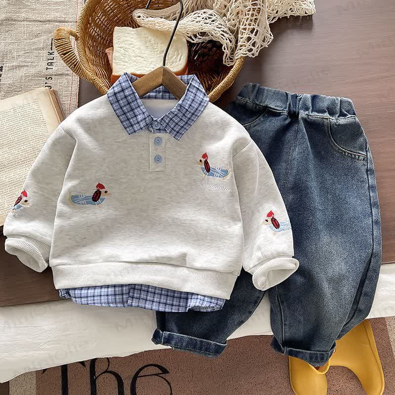 Toddler Baby Dachshund Layered Collar Sweatshirt and Denim Pants 2-piece Set - Gray Set - 4-5T - image 1