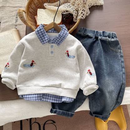 Toddler Baby Dachshund Layered Collar Sweatshirt and Denim Pants 2-piece Set - Gray Set - 4-5T - image 1