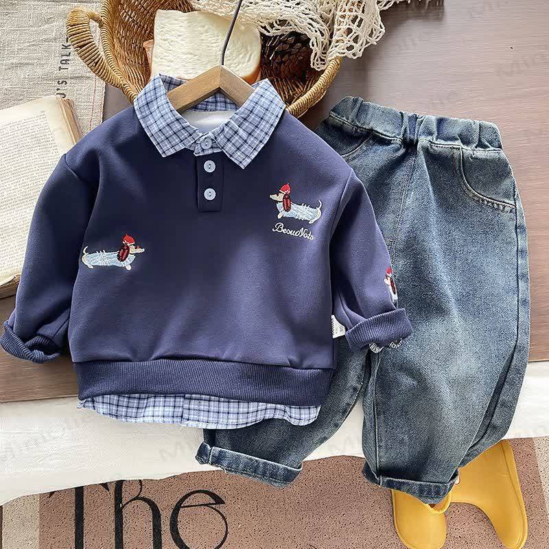 Toddler Baby Dachshund Layered Collar Sweatshirt and Denim Pants 2-piece Set - Navy Set - 4-5T - image 2