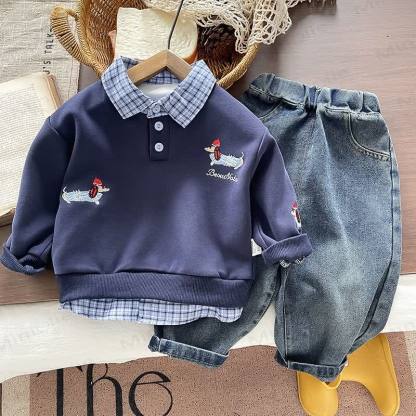 Toddler Baby Dachshund Layered Collar Sweatshirt and Denim Pants 2-piece Set - Navy Set - 4-5T - image 2