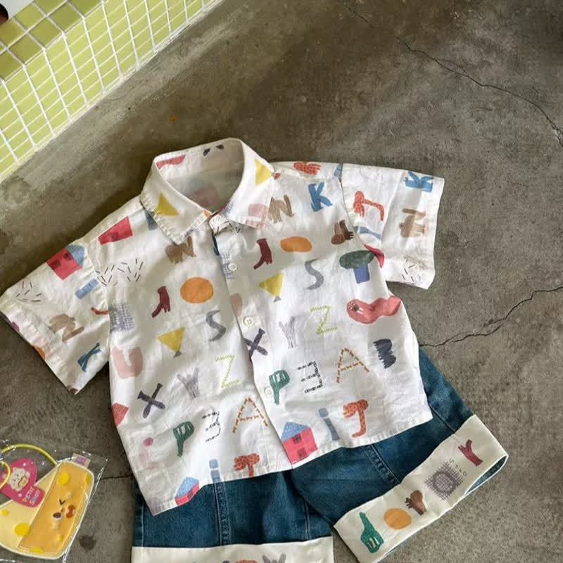 Toddler Playful Print Shirt and Denim Shorts 2-piece Set - White&Blue Set - 10-11T - image 1