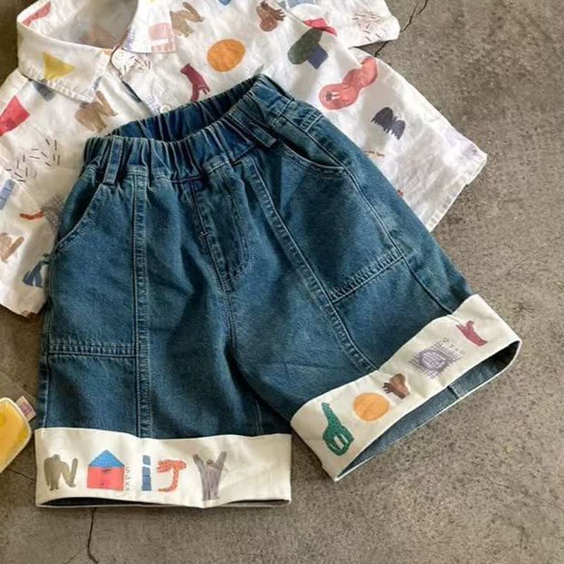 Toddler Playful Print Shirt and Denim Shorts 2-piece Set - Blue Shorts - 10-11T - image 3
