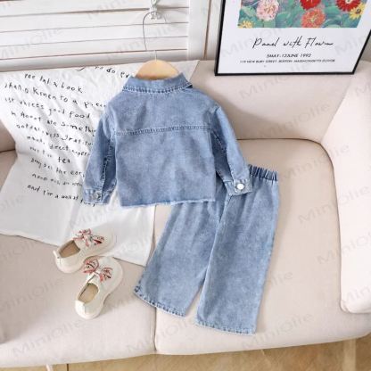 Baby Toddler Girls Blue Bow Embroidered 2-piece Denim Set - image 2