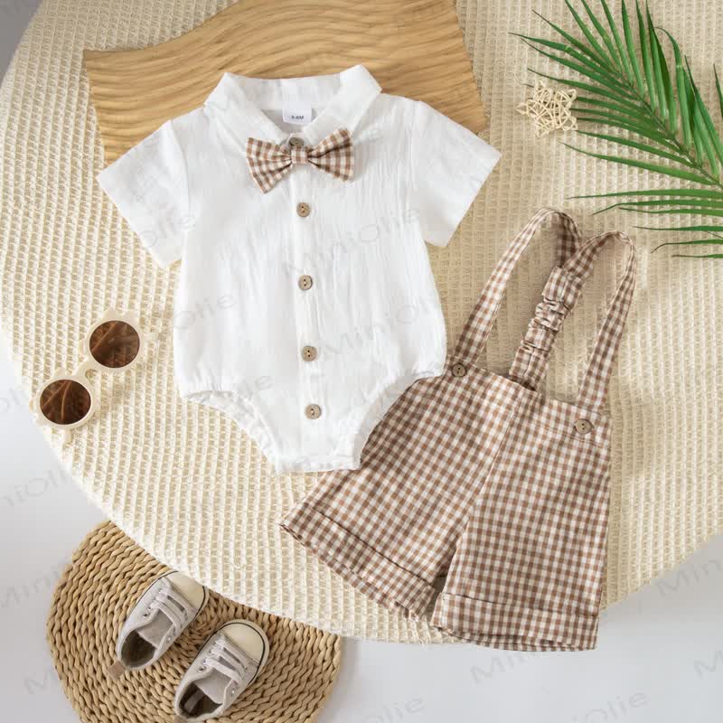 Baby Gingham Bow Tie Bodysuit and Overalls 2-piece Set - Beige - 12-18M - image 2