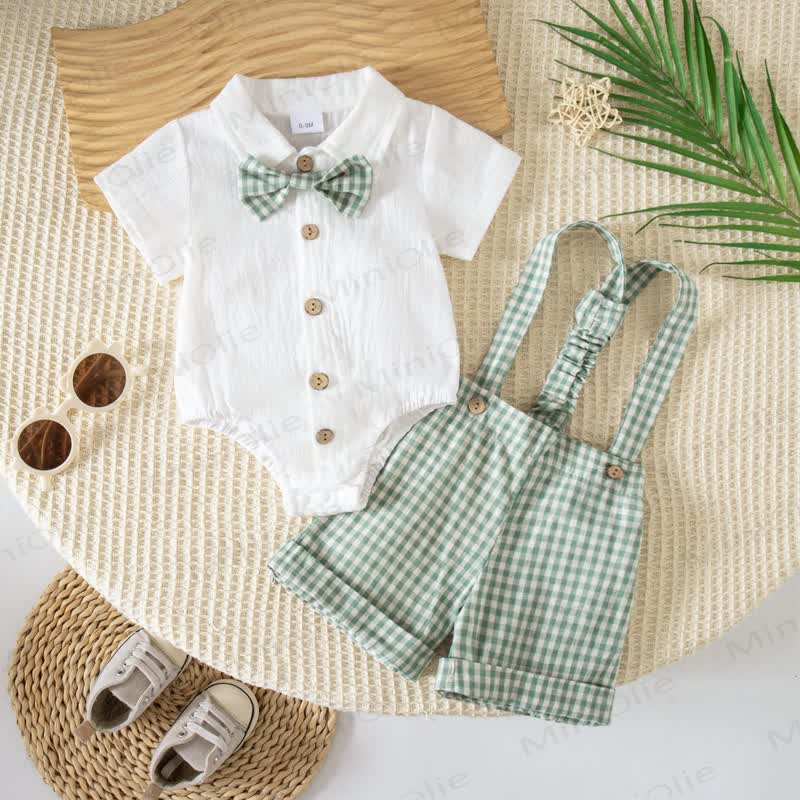 Baby Gingham Bow Tie Bodysuit and Overalls 2-piece Set - Green - 12-18M - image 3