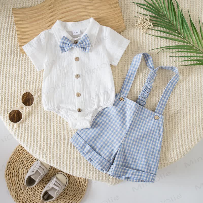 Baby Gingham Bow Tie Bodysuit and Overalls 2-piece Set - Blue - 12-18M - image 4